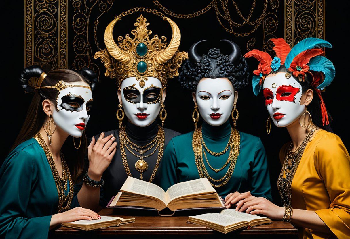 A thought-provoking scene featuring a diverse group of adults engaged in an animated conversation, surrounded by symbols of taboo themes like masks, chains, and open books. The atmosphere is bold and vibrant, emphasizing the clash of ideas and openness. The background should be a blend of dark and bright colors to reflect the complexity of adult topics. Artistic touches like abstract shapes and shadows will enhance the intensity of the dialogue. surrealistic. vibrant colors. bold contrasts.