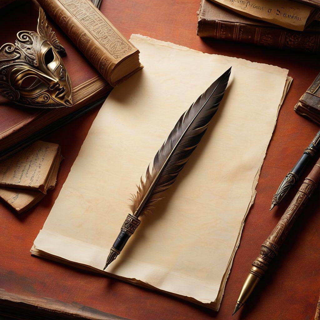 A striking visual of a quill pen poised above a blank parchment, surrounded by shadowed books on taboo themes. The background features abstract representations of societal taboos, like masks and whispers, blending into vibrant colors. A subtle glow emanates from the parchment, symbolizing the sensitivity and courage in bold writing. The overall atmosphere should be contemplative yet empowering. super-realistic. vibrant colors. warm lighting.