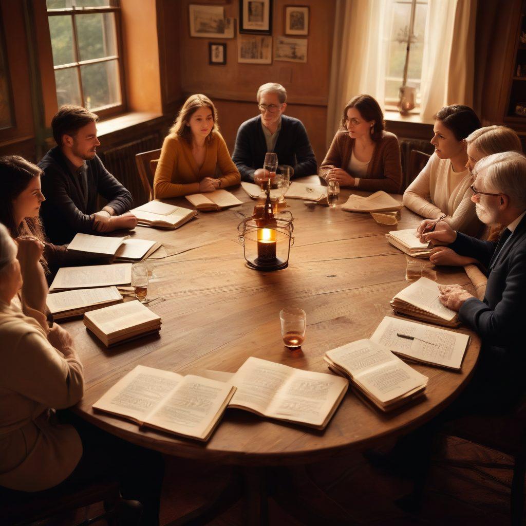 A vibrant round table surrounded by diverse adults engaged in intense discussion, with books and notes on forbidden subjects like philosophy and relationships scattered around. Soft lighting casts a warm glow on their faces, showing various emotions such as curiosity and contemplation. Omnipresent symbols of knowledge and adult experiences like wine glasses and vintage decor fill the background, creating an inviting yet thought-provoking atmosphere. super-realistic. warm tones. soft focus.